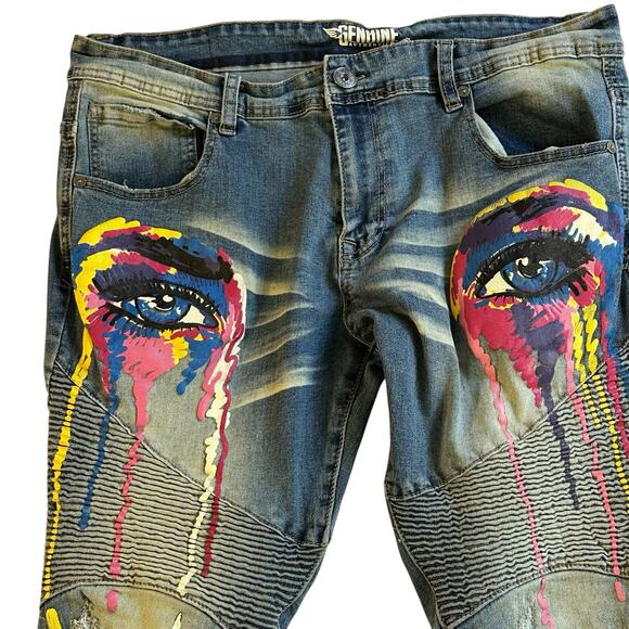 Mens Jeans Size 36/32 Streetwear Skinny Stretch Painted Eyes Colorful Graffiti - Picture 5 of 10
